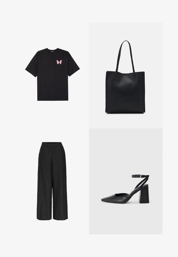 Melna kokvilnas T-krekls ar īsām piedurknēm, kuram priekšā kreisajā pusē ir neliels rozā tauriņa grafiskais attēls. Ar apaļu kaklu un brīvā stila piegriezumu.; Platas kājas bikses melnā krāsā, izgatavotas no teksturēta auduma. Tām ir elastīga josta un vaļīga, plūstoša silueta.; Melna ādas augstpapēžu kurpe ar norakstīto purngala formu, potītes siksniņu un masīlu papēdi. Gluda tekstūra, elegants dizains un minimālisma estētika.; Melnas ādas somiņa ar gludu tekstūru, taisnstūra formu un divām garām rokturiem. Nav redzamu aparatūras vai rotājumu.