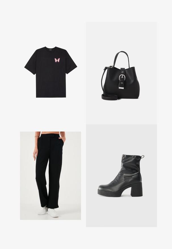 Tricou negru din bumbac cu mâneci scurte, având pe partea stângă a pieptului un mic grafic cu un fluture roz. Design cu guler rotund și croială lejeră.; Pantaloni negri, cu croi larg, cu o textură netedă, cu pliuri în față și buzunare laterale. Purtați cu adidași albi pentru contrast.; Bocanci negri de glezna din piele netedă, cu fermoar lateral, toc texturat și masiv, și design cu vârf rotund.; Geantă de tip bucket neagră, realizată din piele netedă, cu o formă structurată, maner scurt și bretele de umăr detașabilă. Detaliu cu cataramă argintie.