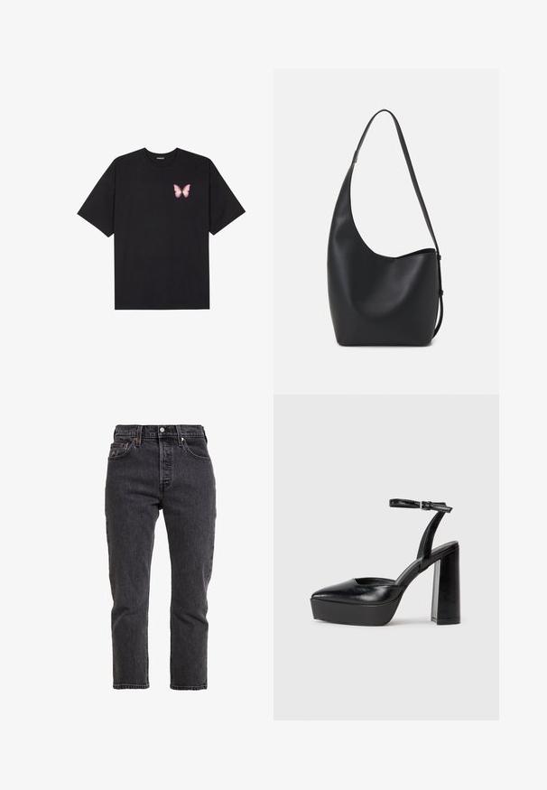 Juodas medvilnės marškinėliai trumpomis rankovėmis, su maža rožine drugelio grafika kairėje krūtinės pusėje. Apvalus kaklo iškirpimas, laisvas kirpimas.; Juodos džinsinės kelnės su tiesiu kirpimu, aukštu liemeniu, penkiomis kišenėmis ir metaline sagos uždarymu. Subtilios tekstūros ir siuvimo detalės.; Juodi platforminiai aukšti kulniukai su smailiu kojų pirštu ir reguliuojamu kulkšnies dirželiu. Pagaminti iš lygaus odos, turi masyvų blokinį kulną.; Juodas odinis hobo maišas su lygiu paviršiumi, kreipta forma ir viena reguliuojama rankena; turi platų atidarymą viršuje.