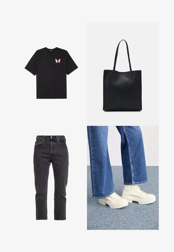 Camiseta de algodón negra de manga corta, con un pequeño gráfico de mariposa rosa en el lado izquierdo del pecho. Diseño de cuello redondo con un corte relajado.; Jeans de mezclilla negra con corte recto, cintura alta, cinco bolsillos y cierre de botón de metal. Detalles de textura y costura sutiles.; Zapatillas deportivas blancas de caña alta con suelas gruesas y estriadas, y detalle de logo circular, combinadas con jeans de mezclilla de pierna ancha en azul claro.; Bolso tote de cuero negro con textura lisa, forma rectangular y dos asas largas. Sin herrajes ni adornos visibles.