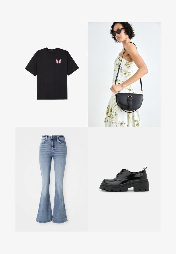 Melna kokvilnas T-krekls ar īsām piedurknēm, kuram priekšā kreisajā pusē ir neliels rozā tauriņa grafiskais attēls. Ar apaļu kaklu un brīvā stila piegriezumu.; Gai zili augstās jostas denima bikses ar platām kājām, priekšējais pogas aizdare un kabatas, izstādītas uz baltas fona.; Melnas lakotas ādas kurpes ar masīvu platformas zoli un biezām šņorēm. Apaļa purngala forma, minimālas detaļas un neliela papēža cilpa aizmugurē.; Melnas ādas rokassoma ar izliekta formu, noņemamu siksnu un zelta aksesuāriem. Somai ir vāciņš ar sprādzes detaļu.