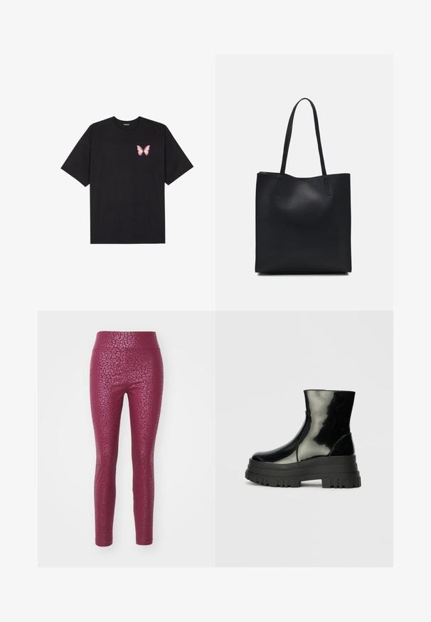 Čierne bavlnené tričko s krátkymi rukávmi, s malým ružovým motýlikom na ľavej hrudi. Design s okrúhlym výstrihom a uvoľneným strihom.; Priliehavé legíny v burgundskej farbe s textúrovaným leopardím vzorom, s vysokým pásom a hladkým povrchom.; Čierne lesklé členkové čižmy s hrubou podrážkou a zaoblenou špičkou, bočný pohľad na jednoduchom svetlošedom pozadí.; Čierna kožená taška na rameno s hladkým povrchom, obdĺžnikovým tvarom a dvoma dlhými uchami. Bez viditeľného kovania alebo ozdôb.