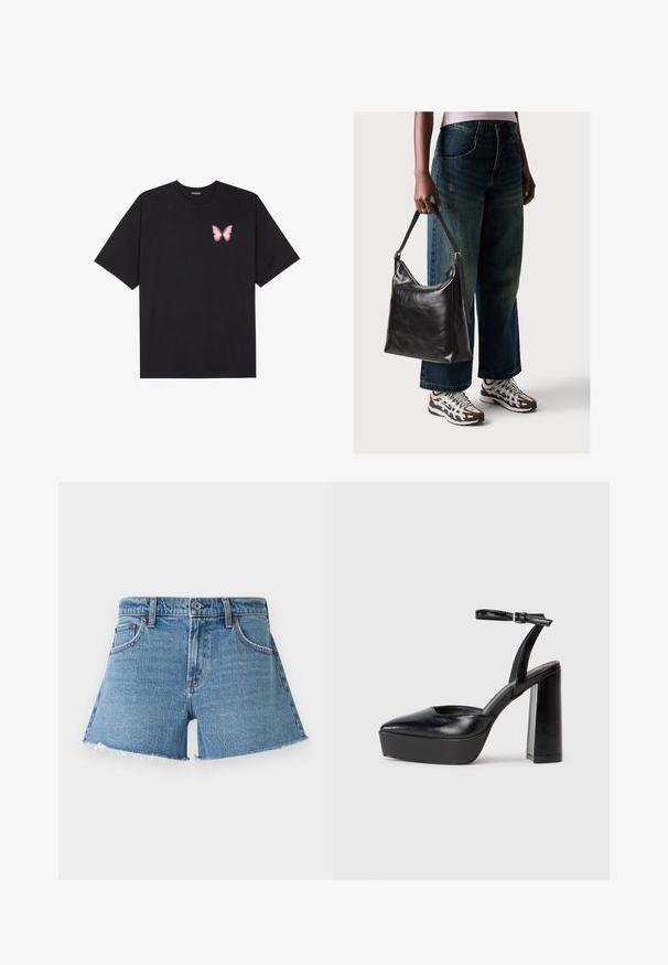 Čierne bavlnené tričko s krátkymi rukávmi, s malým ružovým motýlikom na ľavej hrudi. Design s okrúhlym výstrihom a uvoľneným strihom.; Džínové šortky s vysokým pásom v svetlomodrej farbe. Majú rozstrapkaný lem a päť vreciek. Klasický dizajn s mosadznými nitmi a zapínaním na prednom gombíku.; Čierne platformové podpätky so špicatou špičkou a nastaviteľným členkovým remienkom. Vyrobené z hladkej kože a so robustným blokovým podpätkom.; Čierna kožená taška cez rameno s hladkou textúrou a nastaviteľným popruhom, skombinovaná s vyblednutými širokými džínsy a športovými teniskami.