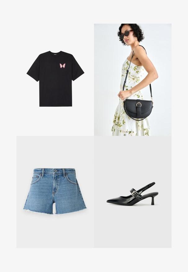 T-shirt nera in cotone con maniche corte, caratterizzata da una piccola grafica di una farfalla rosa sul lato sinistro del petto. Design a girocollo con una vestibilità rilassata.; Shorts in denim a vita alta di colore blu chiaro. Presentano un orlo sfilacciato e cinque tasche. Design classico con rivetti in rame e chiusura con bottone frontale.; Décolleté neri in vernice con punta affilata e tacco a blocco piccolo, dotati di un accentuato con fibbia argentata sulla cinturino.; Borsa a tracolla nera in pelle con una forma curva, manico rimovibile e accessori dorati. La borsa presenta una patta con un dettaglio a fibbia.