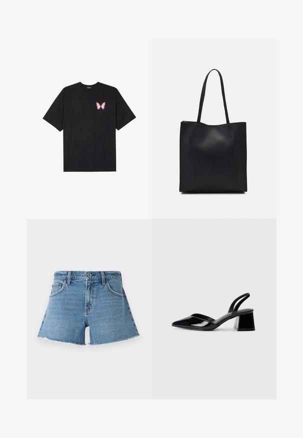 Melna kokvilnas T-krekls ar īsām piedurknēm, kuram priekšā kreisajā pusē ir neliels rozā tauriņa grafiskais attēls. Ar apaļu kaklu un brīvā stila piegriezumu.; Gaiši zili augsta jostasvietas šorti no denima. Iezīmēts ar plīsušo apakšējo malu un piecām kabatām. Klasisks dizains ar vara kniedēm un priekšējo pogu aizdari.; Melna lakota āda ar atvērto papēdi, ar smailu purngalu un ģeometrisku blokpapēdi. Iezīmējas elegants, minimāls dizains un gluda tekstūra.; Melnas ādas somiņa ar gludu tekstūru, taisnstūra formu un divām garām rokturiem. Nav redzamu aparatūras vai rotājumu.