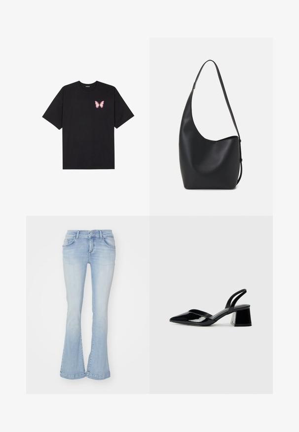 T-shirt de algodão preto com mangas curtas, apresentando um pequeno gráfico de borboleta rosa no lado esquerdo do peito. Design de gola redonda com um corte solto.; Jeans de flare azul claro em tecido denim com cinco bolsos, passantes para cinto e costura visível na bainha. Textura suave com ligeiro desbotamento.; Sandy em verniz preto com salto slingback, ponta afilada e salto geométrico. Apresenta um design elegante e minimalista com textura suave.; Saco hobo preto em pele com uma textura lisa, forma curva e uma única alça ajustável; apresenta uma abertura larga na parte de cima.