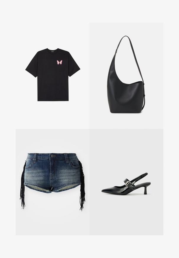 T-shirt de algodão preto com mangas curtas, apresentando um pequeno gráfico de borboleta rosa no lado esquerdo do peito. Design de gola redonda com um corte solto.; Calções de ganga em lavagem azul degradé com bainha desfiada e franjas pretas nas laterais, com bolsos frontais e cintura.; Saltos slingback em verniz preto com bico pontiagudo e um pequeno salto bloco, apresentando um detalhe de fivela prateada na tira.; Saco hobo preto em pele com uma textura lisa, forma curva e uma única alça ajustável; apresenta uma abertura larga na parte de cima.
