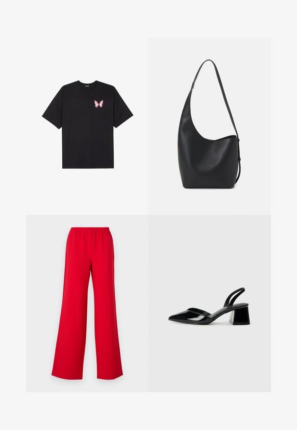 Sort bomulds T-shirt med korte ærmer, prydet med en lille pink sommerfugl grafik på venstre bryst. Rund hals design med en afslappet pasform.; Røde vide bukser med elastisk talje, lavet af et glat, let materiale. Desigen har ingen synlige metaldele eller mønstre.; Sorte patentlæder slingback hæle med spids tå og en geometrisk blok hæl. Har et elegant, minimalistisk design og en glat tekstur.; Sort læder hobo taske med en glat overflade, buet form og en enkelt justerbar rem; har en bred åbning øverst.