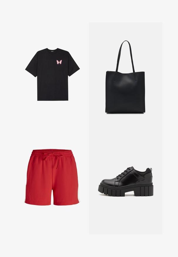 Camiseta de algodón negra de manga corta, con un pequeño gráfico de mariposa rosa en el lado izquierdo del pecho. Diseño de cuello redondo con un corte relajado.; Pantalones cortos deportivos rojos hechos de un material liviano, con una cinturilla elástica y cordón, y acentos laterales blancos.; Zapatos de plataforma de cuero negro con un tacón cuadrado grueso, punta redonda y diseño tradicional de cordones. Presenta una textura suave y un detalle minimalista.; Bolso tote de cuero negro con textura lisa, forma rectangular y dos asas largas. Sin herrajes ni adornos visibles.