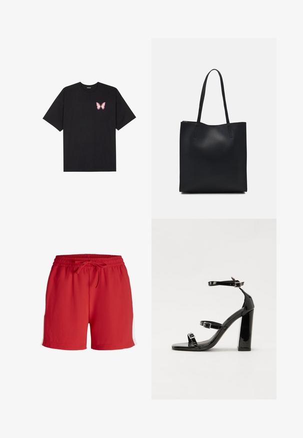 Crna pamučna majica s kratkim rukavima, s malim grafičkim prikazom ružičaste vjetricaste s desne strane na prsima. Dizajn s okruglim izrezom i opuštenim krojem.; Crvene sportske šortse izrađene od laganog materijala, sa elastičnim pojasom i vezicom, te bijelim bočnim detaljima.; Crne lakirane sandale na pete sa kvadratnim nosom, trakama oko gležnja i srebrnim kopčama. Imaju čvrst blok petu za stabilnost.; Crna kožna torba za nošenje s glatkom teksturom, pravokutnim oblikom i dvije duge ručke. Nema vidljivih metalnih dijelova ili ukrasa.