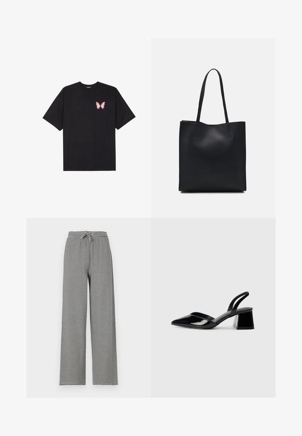 Black cotton t-shirt with short sleeves, featuring a small pink butterfly graphic on the left chest. Crew neck design with a relaxed fit.; Striped black and white wide-leg pants with a drawstring waist. Made from soft fabric, featuring horizontal stripes and a relaxed fit.; Black patent leather slingback heels with a pointed toe and a geometric block heel. Features a sleek, minimal design and smooth texture.; Black leather tote bag with smooth texture, rectangular shape, and two long handles. No visible hardware or embellishments.