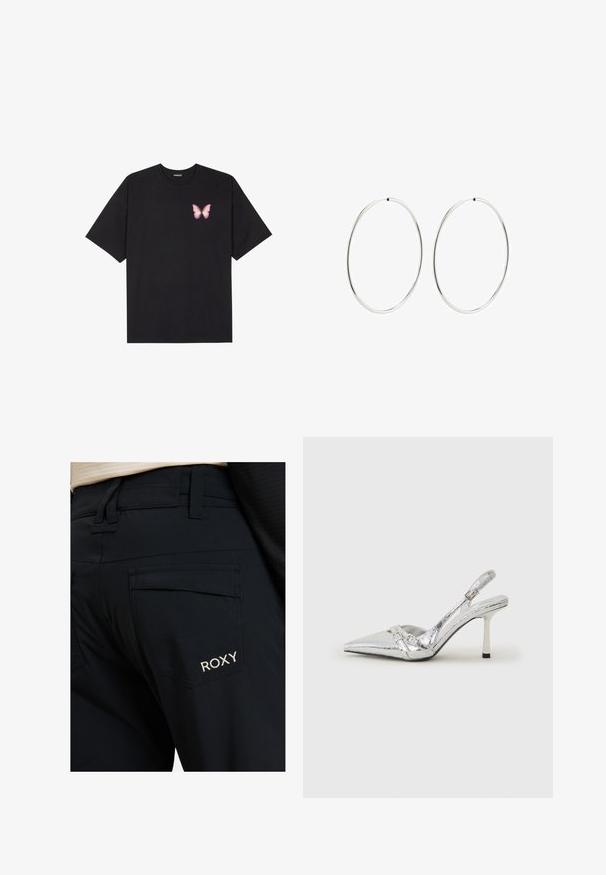 Must muströöpidega must puuvillane T-särk, vasakul rinnal on väike roosa liblikas. Ümar kaelus ja vabalt istuv lõige.; Mustad püksid, millel on sile tekstuur, kohandatud lõige ja suured tagataskud. Roxy logo on valge värviga tikitud paremale taskule.; Hõbedased slingback kõrged kontsad terava ninaga, metalne viimistlus, kaks dekoratiivset rihma ja sihvakad kontsad musta otsaga.; Hõbedased rõngaskõrvarõngad, millel on sujuv, ümmargune disain ja poleeritud viimistlus. Need on õhukesed ja kerged, omades lihtsat klambrit.