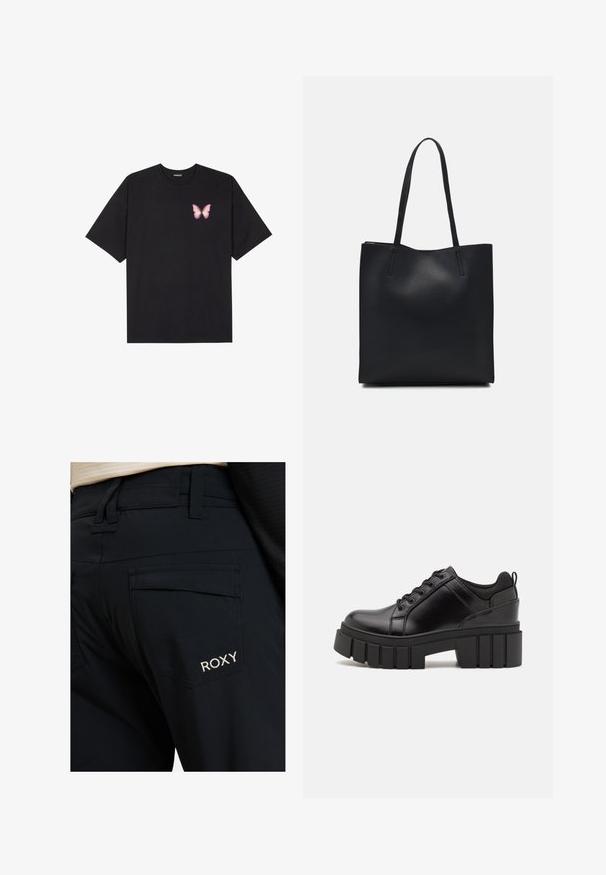 Crna pamučna majica s kratkim rukavima, s malim grafičkim prikazom ružičaste vjetricaste s desne strane na prsima. Dizajn s okruglim izrezom i opuštenim krojem.; Crne hlače s glatkom teksturom, krojem koji odlično pristaje i velikim stražnjim džepovima. Roxy logo je izvezen u bijeloj boji na desnom džepu.; Crne kožne platforme s debelim blok-peta, okruglim prstima i klasičnim dizajnom vezanja. Imaju gladak tekstur i minimalne detalje.; Crna kožna torba za nošenje s glatkom teksturom, pravokutnim oblikom i dvije duge ručke. Nema vidljivih metalnih dijelova ili ukrasa.