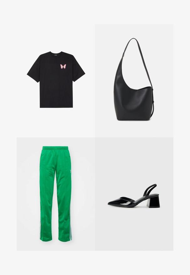 Svart bomulls T-skjorte med korte ermer, med en liten rosa sommerfugl grafikk på venstre bryst. Crew-neck design med en avslappet passform.; Grønne, atletiske bukser laget av et glatt materiale; har elastisk midje og hvite striper på sidene.; Svarte patentlær slingback hæler med spiss tå og geometrisk blokk hæl. Har et stilrent, minimalistisk design og jevn tekstur.; Svart lær hobo-veske med glatt tekstur, buet form og enkelt justerbart stropp; har en bred åpning på toppen.
