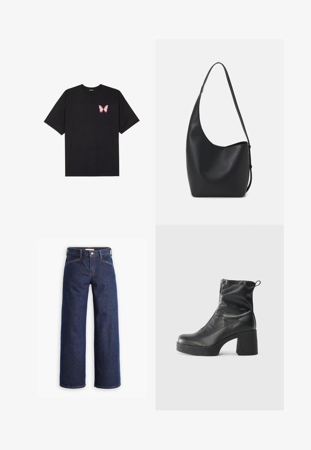Svart bomullströja med korta ärmar, med en liten rosa fjärilsgrafik på vänster bröst. Rundad halsdesign med en avslappnad passform.; Mörkblå denimjeans med hög midja, vid benvidd och diskret orange sömmar. Har en framknapp och dragkedjeöppning.; Svarta ankelstövlar i slitstark läder, med sidodragkedja, kraftig strukturerad klack och rundad tådesign.; Svart läder hobo-väska med en slät textur, kurvig form och en justerbar axelrem; har en bred öppning upptill.