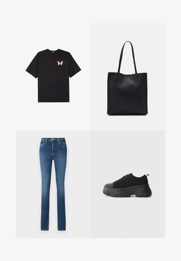 Juodas medvilnės marškinėliai trumpomis rankovėmis, su maža rožine drugelio grafika kairėje krūtinės pusėje. Apvalus kaklo iškirpimas, laisvas kirpimas.; Mėlynos džinsinės kelnės su tiesiu kirpimu, penkiomis kišenėmis, mygtuko ir užtrauktuko uždarymu, bei išblukusia skalbimo spalva su subtiliomis šviesinimo detalėmis.; Juodos sportinės bateliai su stambiu guminiais padu, tekstūrizuotu audinio viršumi, apvaliu pirštu ir raištelių uždarymu. Yra sutvirtinti akių angos ir nugaros kilputė.; Juodas odinis tote krepšys su lygia tekstūra, stačiakampio formos ir dviem ilgais rankenomis. Matomų metalinių detalių ar puošybos nėra.