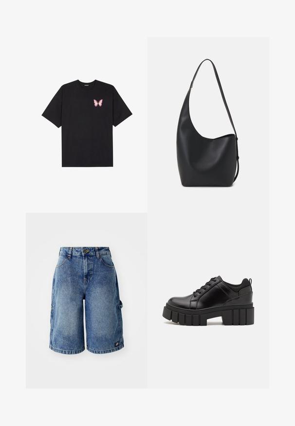 Camiseta de algodón negra de manga corta, con un pequeño gráfico de mariposa rosa en el lado izquierdo del pecho. Diseño de cuello redondo con un corte relajado.; Pantalones cortos de mezclilla en azul claro con un corte relajado, cinco bolsillos y cierre de botón. Presenta detalles de costura y un pequeño parche con el logo.; Zapatos de plataforma de cuero negro con un tacón cuadrado grueso, punta redonda y diseño tradicional de cordones. Presenta una textura suave y un detalle minimalista.; Bolso tipo hobo de cuero negro con una textura suave, forma curvada y una sola correa ajustable; presenta una amplia apertura en la parte superior.