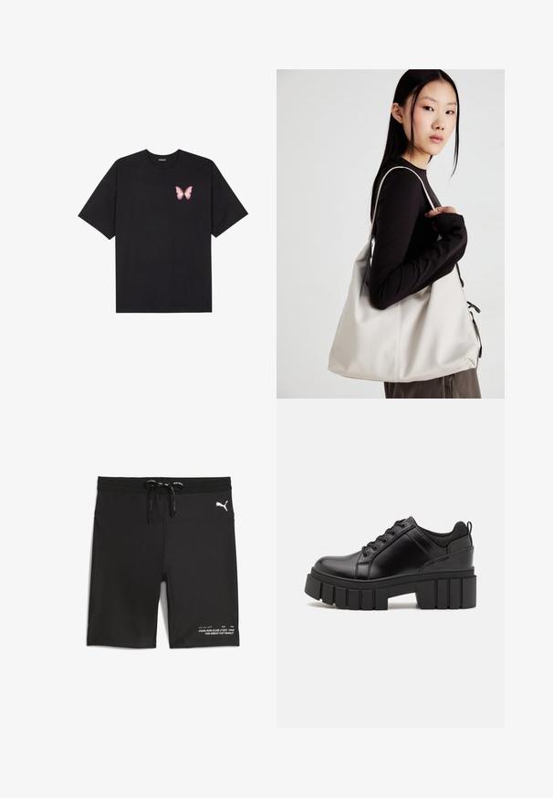 Zwarte katoenen t-shirt met korte mouwen, voorzien van een kleine roze vlinder graphic op de linkerkant van de borst. Crew neck ontwerp met een relaxte fit.; Zwarte zwemshorts met een tailleband met trekkoorden, elastische randen en het Puma-logo. Bevat witte tekstdetails aan de onderzijde van de voorkant. Glad, rekbaar materiaal.; Zwarte leren platform schoenen met een stevige blokhak, ronde neus en een traditionele vetersluiting. Kenmerkt zich door een gladde textuur en minimale details.; Beige handtas gemaakt van zacht materiaal, met een slonzig ontwerp, gestikte details en twee schouderbanden. Geschikt voor dagelijks gebruik.