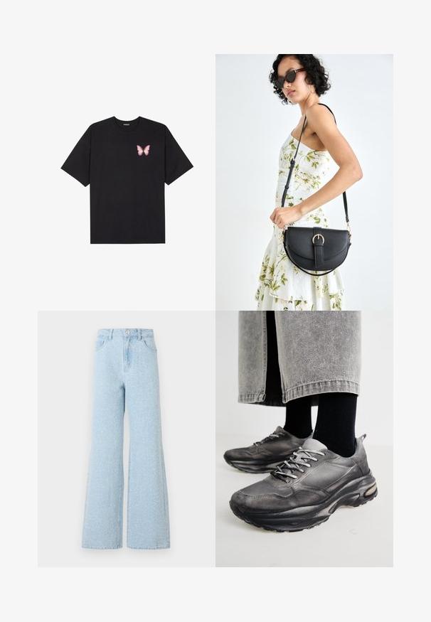 Črna bombažna majica s kratkimi rokavi, ki ima majhen roza metuljček na levi strani prsnega dela. Majica s krožnim ovratnikom in sproščenim krojem.; Svetlo modri široki jeans hlače z visokim pasom, s sponko, petimi žepi in subtilno zbledelo teksturo.; Črne in sive športne čevlje imajo mrežast zgornji del, debele podplate in vezalke. Imajo zaobljen nos in opazne podrobnosti oblazinjenja.; Črna usnjena torbica s ukrivljeno obliko, z odstranljivo naramnico in zlatimi dodatki. Torbica ima pokrov s podrobnostmi v obliki zaponke.