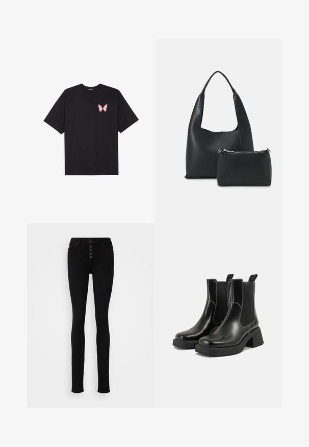Črna bombažna majica s kratkimi rokavi, ki ima majhen roza metuljček na levi strani prsnega dela. Majica s krožnim ovratnikom in sproščenim krojem.; Črne skinny kavbojke visoka pasu, izdelane iz denima, s petimi gumbi spredaj, zankami za pas in gladko teksturo.; Črne usnjene Chelsea škornje s širokim petami, elastičnimi stranskimi ploščami in kontrastnim belim šivanjem. Teksturirana površina.; Even&Odd Torbica - black