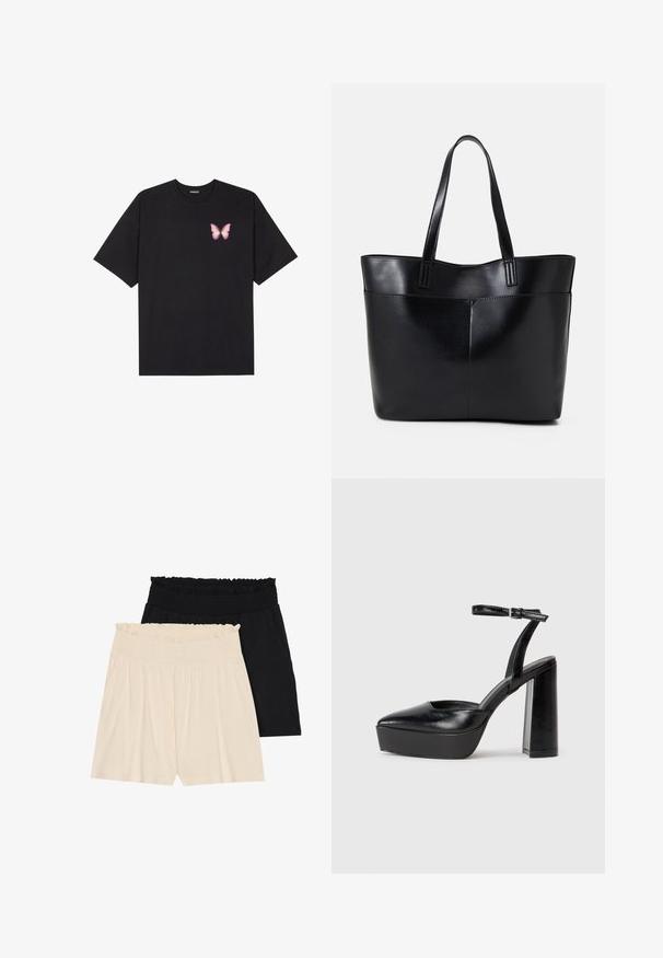 Must muströöpidega must puuvillane T-särk, vasakul rinnal on väike roosa liblikas. Ümar kaelus ja vabalt istuv lõige.; Kaks paar lõdvalt istuvaid lühikesi pükse: üks kreemjas ja teine must, mõlemad ripsmetega elastsete vöödega ja pehmest, kergest kangast.; Mustad platvormi kontsad terava ninaga ja reguleeritava pahkluuraamiga. Valmistatud siledast nahast, funktsioneerib massiivse plokknäheeliga.; Must mustaga musta nahast, millel on kaks pikka kanda, sile tekstuur ja struktureeritud kuju. Esipoolsel on lisakoti jaoks tasku.