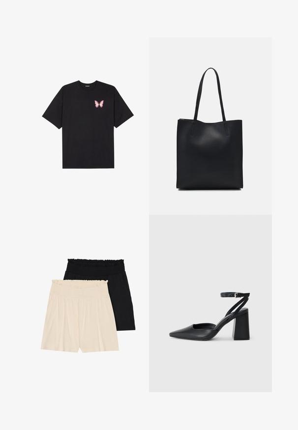 Juodas medvilnės marškinėliai trumpomis rankovėmis, su maža rožine drugelio grafika kairėje krūtinės pusėje. Apvalus kaklo iškirpimas, laisvas kirpimas.; Dvi poros laisvų šortų: vieni kreminės spalvos, kiti juodi, abu su raukšlėtomis elastingomis juostomis ir minkštos, lengvos medžiagos.; Juoda odinė smailiagalė aukštakulnio bateliai su kulkšnies dirželiu ir storu kulnu. Lygus paviršius, elegantiškas dizainas ir minimalistiška estetinė. ; Juodas odinis tote krepšys su lygia tekstūra, stačiakampio formos ir dviem ilgais rankenomis. Matomų metalinių detalių ar puošybos nėra.