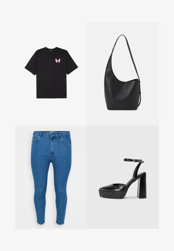 T-shirt de algodão preto com mangas curtas, apresentando um pequeno gráfico de borboleta rosa no lado esquerdo do peito. Design de gola redonda com um corte solto.; Jeans de ganga azul skinny com cintura alta, design de cinco bolsos e bainha crua. O material parece suave com ligeiro desbotado nas coxas.; Saltos altos pretos com bico fino e atilho ajustável no tornozelo. Confeccionados em couro suave, apresentam um salto bloco robusto.; Saco hobo preto em pele com uma textura lisa, forma curva e uma única alça ajustável; apresenta uma abertura larga na parte de cima.