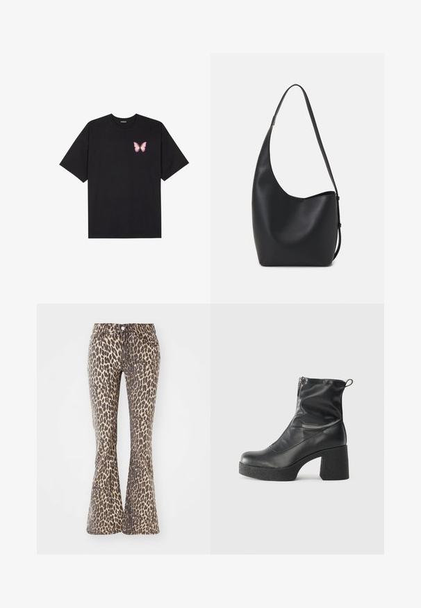 Μαύρο βαμβακερό μπλουζάκι με κοντά μανίκια, διαθέτοντας ένα μικρό ροζ γραφικό πεταλούδας στο αριστερό στήθος. Σχέδιο με στρογγυλή λαιμόκοψη και άνετη εφαρμογή.; Τζιν παντελόνι σε λεοπάρ μοτίβο σε μπεζ και σκούρο καφέ, με ψηλή μέση, πέντε τσέπες και κουμπί κλεισίματος. Ύφασμα από τζιν με υφή.; Μαύρες μποτές μέχρι τον αστράγαλο από λείο δέρμα, με πλευρικό φερμουάρ, χοντρό υφασμάτινο τακούνι και στρογγυλή μύτη.; Μαύρη δερμάτινη tote τσάντα με λείο υφή, καμπύλο σχήμα και μία ρυθμιζόμενη ζώνη. Διαθέτει μεγάλη άνοιγμα στην κορυφή.