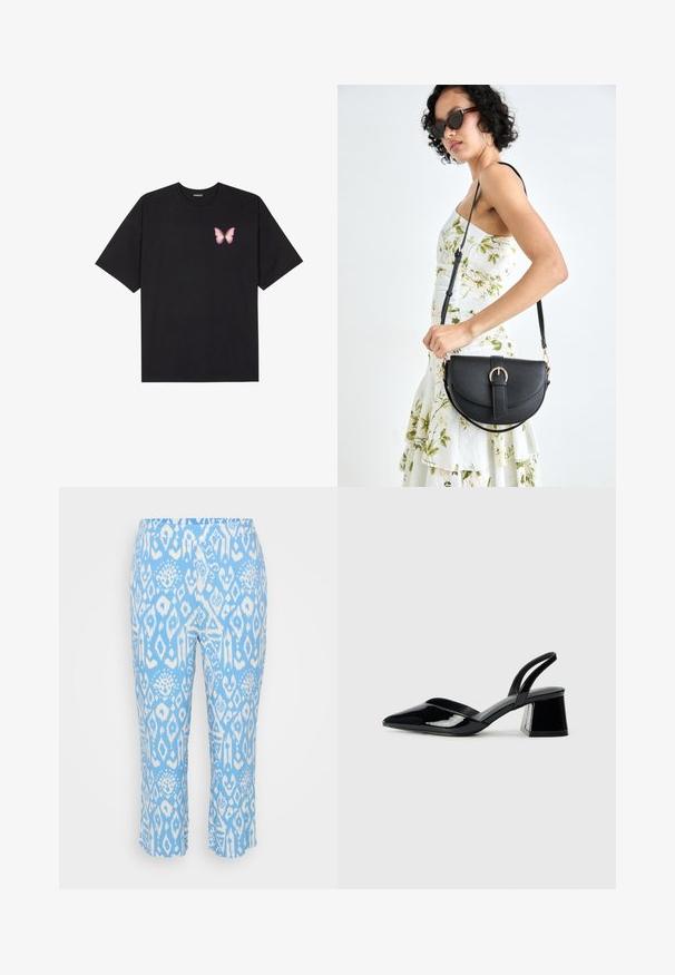Črna bombažna majica s kratkimi rokavi, ki ima majhen roza metuljček na levi strani prsnega dela. Majica s krožnim ovratnikom in sproščenim krojem.; Svetlo modre capri hlače z belim geometrijskim vzorcem. Narejene so iz mehkega, raztegljivega materiala z elastičnim pasom.; Črne lakirane slingback pete s koničastim nosom in geometrijsko blokasto peto. Imajo eleganten, minimalističen dizajn in gladko teksturo.; Črna usnjena torbica s ukrivljeno obliko, z odstranljivo naramnico in zlatimi dodatki. Torbica ima pokrov s podrobnostmi v obliki zaponke.