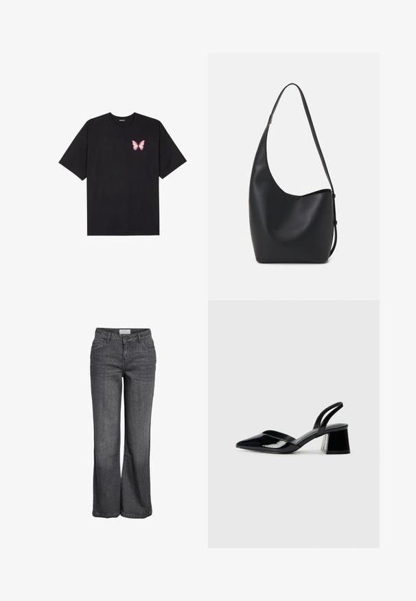 Melna kokvilnas T-krekls ar īsām piedurknēm, kuram priekšā kreisajā pusē ir neliels rozā tauriņa grafiskais attēls. Ar apaļu kaklu un brīvā stila piegriezumu.; Platas kājas džinsi tumši pelēkā denima. Ar augstu jostasvietu, tradicionālu piecu kabatu dizainu un tīru apakšmalu bez rotājumiem.; Melna lakota āda ar atvērto papēdi, ar smailu purngalu un ģeometrisku blokpapēdi. Iezīmējas elegants, minimāls dizains un gluda tekstūra.; Melnas ādas hobo soma ar gludu tekstūru, izliekta forma un vienu regulējamu jostu; augšā ir plaša atvere.