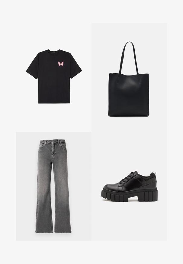 T-shirt de algodão preto com mangas curtas, apresentando um pequeno gráfico de borboleta rosa no lado esquerdo do peito. Design de gola redonda com um corte solto.; Calças de ganga de pernas largas em denim cinza escuro, com cintura alta, cinco bolsos e desbotamento mínimo. Fecho com botão metálico e zíper.; Sapatos de plataforma em couro preto com um salto bloco robusto, bico redondo e design clássico de atacadores. Apresentam uma textura suave e detalhes mínimos.; Bolsa tote preta em couro com textura lisa, forma retangular e duas alças longas. Sem hardware ou enfeites visíveis.