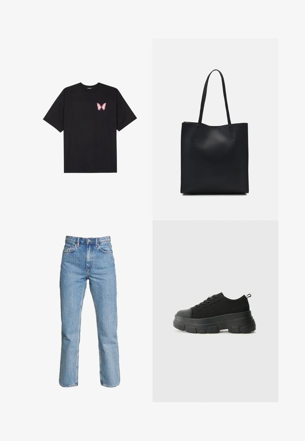 T-shirt de algodão preto com mangas curtas, apresentando um pequeno gráfico de borboleta rosa no lado esquerdo do peito. Design de gola redonda com um corte solto.; Weekday VOYAGE HIGH - Calças de ganga de perna direita - pen blue; Sneakers pretos com sola de borracha robusta, parte superior de tecido texturizado, bico redondo e design de atacadores. Apresenta ilhós reforçados e uma alça na parte posterior.; Bolsa tote preta em couro com textura lisa, forma retangular e duas alças longas. Sem hardware ou enfeites visíveis.