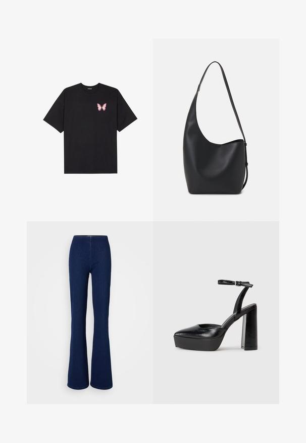 Black cotton t-shirt with short sleeves, featuring a small pink butterfly graphic on the left chest. Crew neck design with a relaxed fit.; Dark blue flared jeans made of denim, featuring a high waistband and a smooth texture. No visible hardware or embellishments.; Black platform heels with a pointed toe and adjustable ankle strap. Constructed from smooth leather, featuring a chunky block heel.; Black leather hobo bag with a smooth texture, curved shape, and single adjustable strap; features a wide opening at the top.
