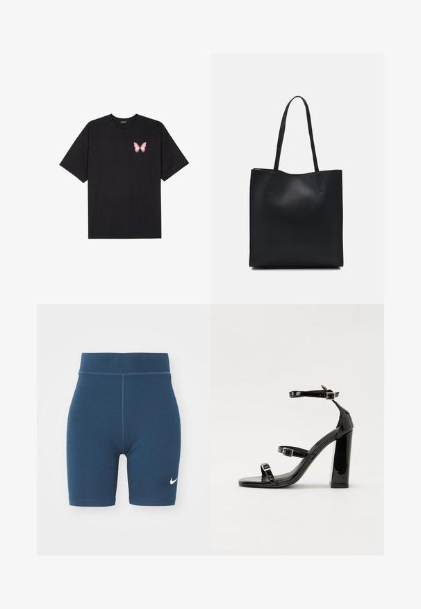 Černé bavlněné tričko s krátkým rukávem, na levém prsou s malou grafikou růžové motýlky. Design s kruhovým výstřihem a volným střihem.; Tmavě modré sportovní šortky vyrobené z elastické tkaniny, s přiléhavým střihem a bílým logem Nike na levé noze. Bezšvový pas.; Černé lakované sandály na podpatku se čtveratou špičkou, lýtkovými pásky a stříbrnými přezkami. Disponují masivním blokovým podpatkem pro stabilitu.; Černá kožená taška přes rameno s hladkým povrchem, obdélníkovým tvarem a dvěma dlouhými uchy. Žádné viditelné kování ani ozdoby.