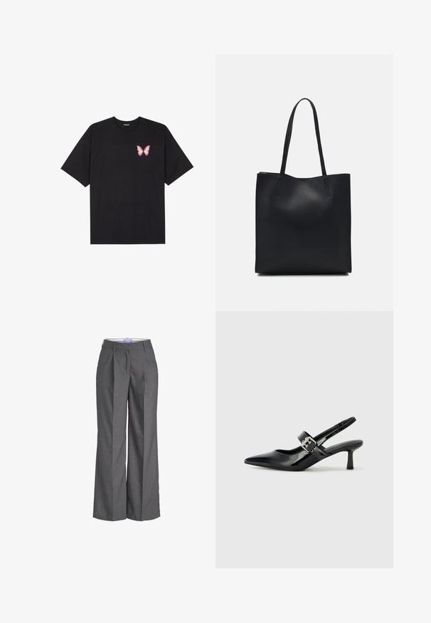 T-shirt nera in cotone con maniche corte, caratterizzata da una piccola grafica di una farfalla rosa sul lato sinistro del petto. Design a girocollo con una vestibilità rilassata.; Pantaloni grigi a gamba larga realizzati in un tessuto testurizzato, con un frontale piatto caratterizzato da dettagli plissettati e una vita standard, ideali per abbigliamento formale.; Décolleté neri in vernice con punta affilata e tacco a blocco piccolo, dotati di un accentuato con fibbia argentata sulla cinturino.; Borsa tote in pelle nera con texture liscia, forma rettangolare e due manici lunghi. Nessun hardware o decorazione visibile.
