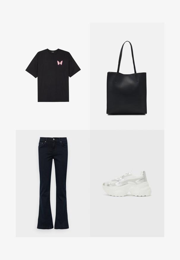 T-shirt nera in cotone con maniche corte, caratterizzata da una piccola grafica di una farfalla rosa sul lato sinistro del petto. Design a girocollo con una vestibilità rilassata.; Jeans svasati realizzati in denim scuro con una texture liscia. Presentano tasche frontali, chiusura con bottone e dettagli impunturati sul bordo.; Sneaker argento con una tomaia in mesh testurizzato e accenti iridescenti, dotata di una suola bianca spessa e chiusura con lacci.; Borsa tote in pelle nera con texture liscia, forma rettangolare e due manici lunghi. Nessun hardware o decorazione visibile.