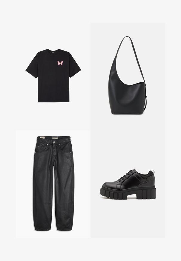 Black cotton t-shirt with short sleeves, featuring a small pink butterfly graphic on the left chest. Crew neck design with a relaxed fit.; Black denim jeans with a wide-leg design, featuring front pockets, a button closure, and a smooth texture. The fabric appears sturdy.; Black leather platform shoes with a chunky block heel, round toe, and traditional lace-up design. Features smooth texture and minimal detailing.; Black leather hobo bag with a smooth texture, curved shape, and single adjustable strap; features a wide opening at the top.