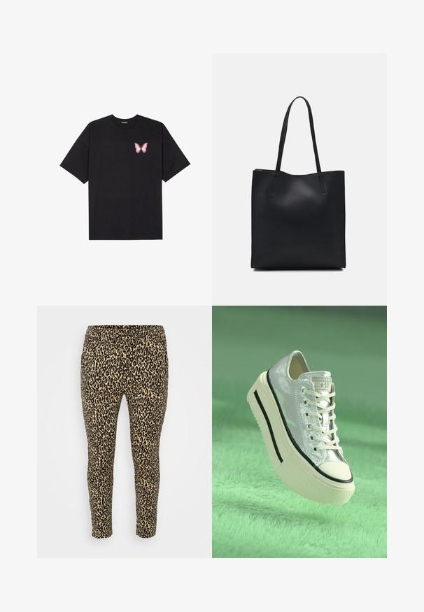 Svart bomullströja med korta ärmar, med en liten rosa fjärilsgrafik på vänster bröst. Rundad halsdesign med en avslappnad passform.; Leopardmönstrade leggings i tan och svart, med dragsko i midjan, slim fit och mjukt, stretchy tyg för komfort.; Metallisk silver sneka med plattformssula, vita snören och svarta accenter. Har en rundad tå och texturerad gummisula.; Svart lädertoffelväska med slät textur, rektangulär form och två långa handtag. Ingen synlig hårdvara eller dekorationer.