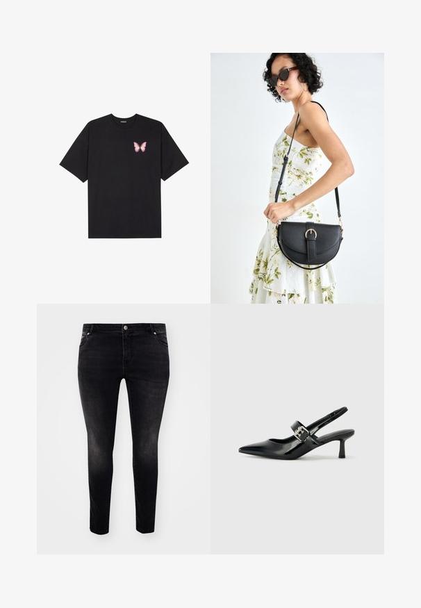 Must muströöpidega must puuvillane T-särk, vasakul rinnal on väike roosa liblikas. Ümar kaelus ja vabalt istuv lõige.; Mustritud mustad teksad kitsast lõikega, viie tasku ja nööpidega kinnitusega, millel on kerge tuhmumine tekstuuri lisamiseks. Minimalistlik stiil, ilma nähtavate mustriteta.; Mustad patenteeritud nahast sildiga kontsad, millel on terav nina ja väike plokk-konts, mille rihmal on hõbedane pandla aksessuaar.; Mustmust mustraha kõverate joontega, eemaldatava rihmaga ja kuldsete detailidega. Kotil on klapp, millel on pandladetail.; Hõbedased südamekujulised kõrvarõngad on kaunistatud lõhikute ja selgete kividega ning neil on tekstureeritud raam. Komplekti kuuluvad kõrvarõngad nupud ja rippuvad mudelid.