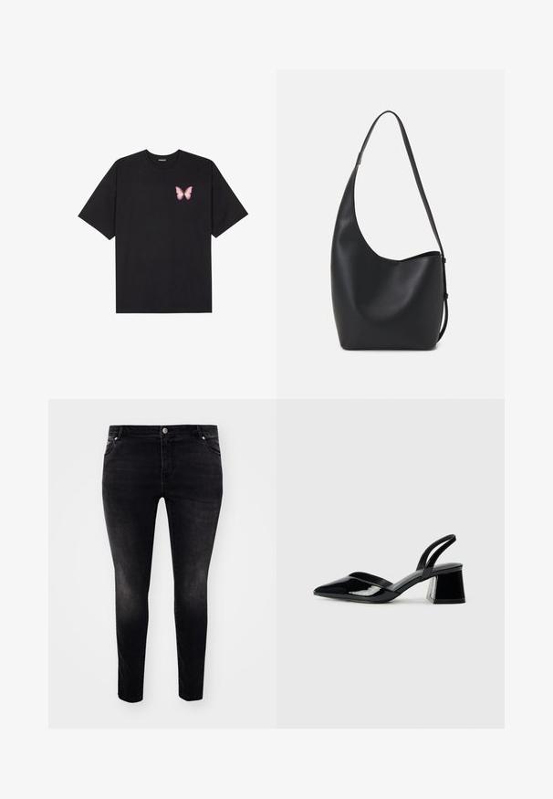 Črna bombažna majica s kratkimi rokavi, ki ima majhen roza metuljček na levi strani prsnega dela. Majica s krožnim ovratnikom in sproščenim krojem.; Črne denim hlače z ozkim krojem, petimi žepi, zaklepanjem na gumb in rahlim zbledelostjo za teksturo. Minimalističen stil, brez vidnih vzorcev.; Črne lakirane slingback pete s koničastim nosom in geometrijsko blokasto peto. Imajo eleganten, minimalističen dizajn in gladko teksturo.; Črna usnjena hobo torba z gladko teksturo, ukrivljeno obliko in eno nastavljivo naramnico; ima širok odprtina na vrhu.