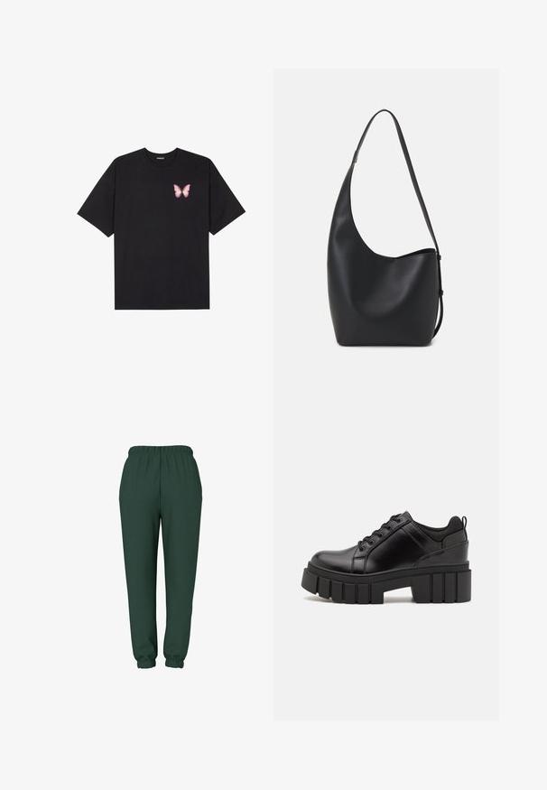 Czarny bawełniany t-shirt z krótkim rękawem, z małym różowym motylkiem na lewej piersi. Klasyczny dekolt z luźnym fasonem.; Ciemnozielone spodnie dresowe z elastycznym paskiem w talii, zwężanymi mankietami i gładkim wykończeniem tekstylnym. Brak widocznych kieszeni i wzorów.; Czarne skórzane buty na platformie z masywnym słupkowym obcasem, okrągłym noskiem i klasycznym sznurowaniem. Posiadają gładką teksturę i minimalne wykończenia.; Czarna skórzana torba hobo o gładkiej fakturze, zaokrąglonym kształcie i pojedynczym, regulowanym pasku; posiada szerokie otwarcie na górze.
