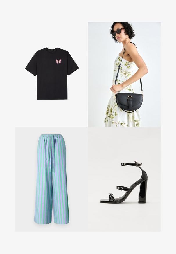 Tricou negru din bumbac cu mâneci scurte, având pe partea stângă a pieptului un mic grafic cu un fluture roz. Design cu guler rotund și croială lejeră.; Pantaloni ușori, largi, de culoare mov, cu dungi verticale verzi. Prezintă un tiv elastic și detalii cu sfoară.; Sandale negre din piele lacuită, cu toc înalt, două curele cu catarame, vârf pătrat și toc gros, având o textură netedă și lucioasă.; Geantă din piele neagră, cu o formă curbată, curea detașabilă și accesorii aurii. Geanta are un capac cu un detaliu tip cataramă.