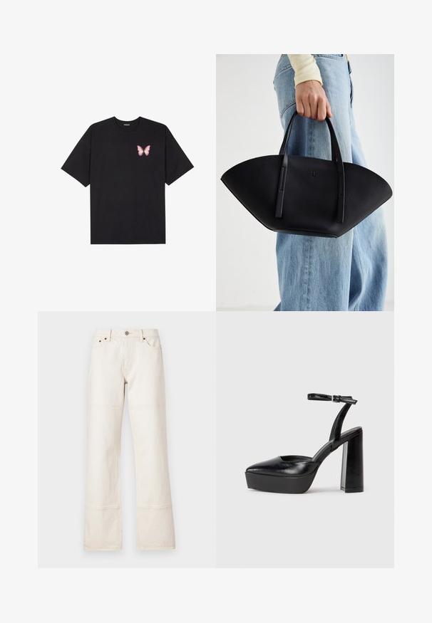 Melna kokvilnas T-krekls ar īsām piedurknēm, kuram priekšā kreisajā pusē ir neliels rozā tauriņa grafiskais attēls. Ar apaļu kaklu un brīvā stila piegriezumu.; Plati kāju, augstā jostasvieta džinsi, kas izgatavoti no bēša denima. Iekļauj kabatas, priekšējo pogu aizdari un kontrastējošu diegu šuvēs.; Melnas platformas papēžs ar norādītu purngala formu un regulējamu potītes siksniņu. Izgatavotas no gludas ādas, ar masīvu bloku papēdi.; Melnas ādas rokassoma ar unikālu ventilatora formu, aprīkota ar plakaniem rokturiem. Virsma ir ar graudainu faktūru un minimālistisku dizainu.
