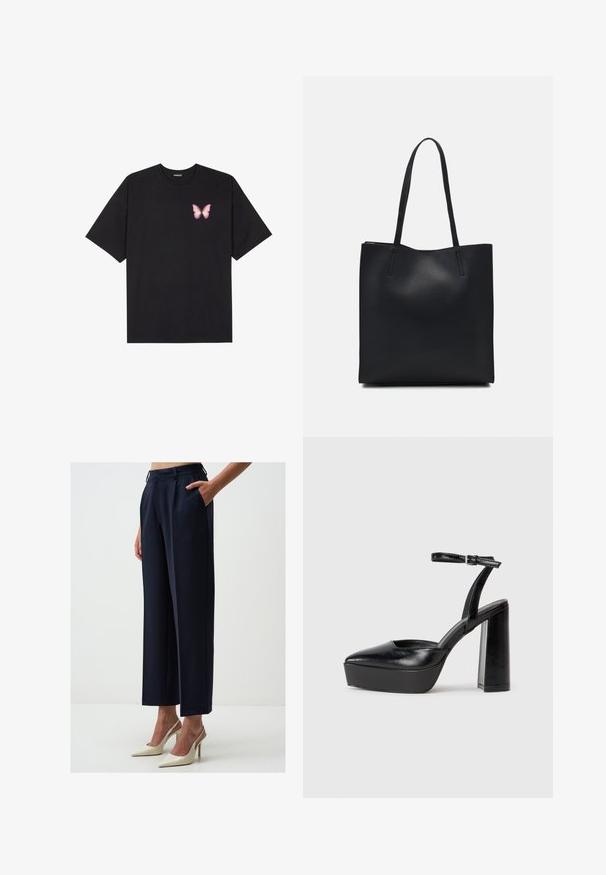 Zwarte katoenen t-shirt met korte mouwen, voorzien van een kleine roze vlinder graphic op de linkerkant van de borst. Crew neck ontwerp met een relaxte fit.; Wijde marineblauwe broek met een hoge taille, geplooide voorkant en zijzakken. Gecombineerd met puntige beige hakken voor een contrasterende uitstraling.; Zwarte plateauhakken met een puntige neus en verstelbare enkelband. Gemaakt van soepel leer, met een robuuste blokhak.; Zwarte leren handtas met een gladde textuur, rechthoekige vorm en twee lange handvaten. Geen zichtbare hardware of versieringen.