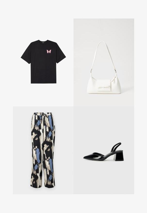 Svart bomulls T-skjorte med korte ermer, med en liten rosa sommerfugl grafikk på venstre bryst. Crew-neck design med en avslappet passform.; Avslappede bukser med trykk i en blanding av kremfarge, svart og blå nyanser med et teksturert, abstrakt mønster. Har strikk i livet med snor.; Svarte patentlær slingback hæler med spiss tå og geometrisk blokk hæl. Har et stilrent, minimalistisk design og jevn tekstur.; Hvit syntetisk håndveske med trekantet form, flat klaff foran og sløyfe detaljer, justerbar stropp, glatt tekstur og minimalistisk design.