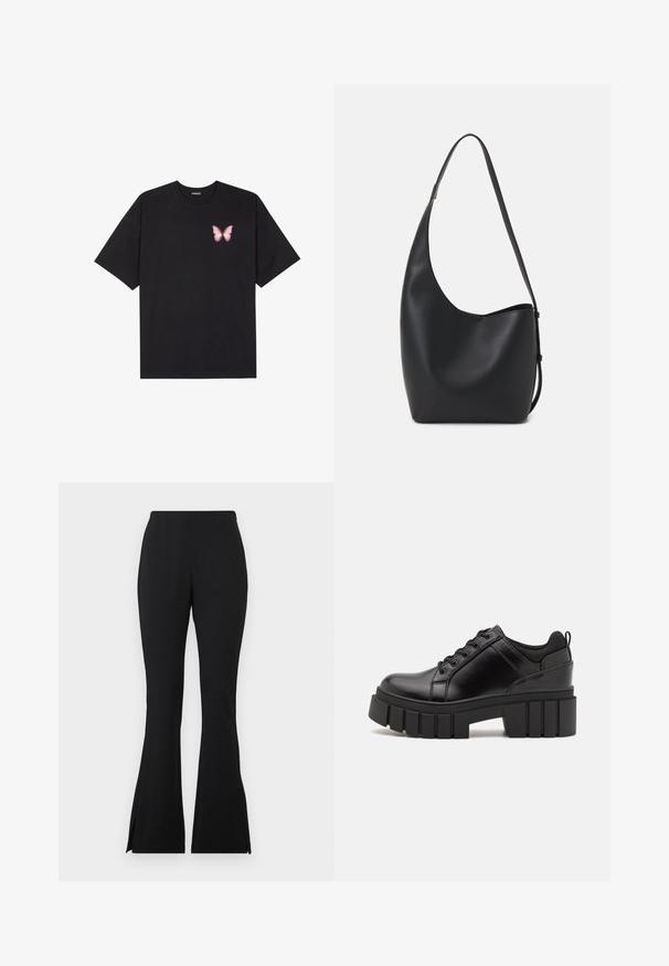 Fekete pamut póló rövid ujjakkal, bal mellkason egy kis rózsaszín pillangó grafikával. Kerek nyakú kialakítás, laza fazonnal.; Fekete, harangszárú nadrág sima, rugalmas anyagból. Az alján oldalsó hasítékok találhatók, ami extra részletet ad. Klasszikus dizájn és sokoldalú illeszkedés.; Fekete bőr platform cipők vaskos blokk sarkakkal, kerek orral és hagyományos fűzős kialakítással. Simára csiszolt felület és minimális részletezés jellemzi.; Fekete bőr hobo táska sima textúrával, ívelt formával és egyetlen állítható pánttal; széles nyílás található a tetején.