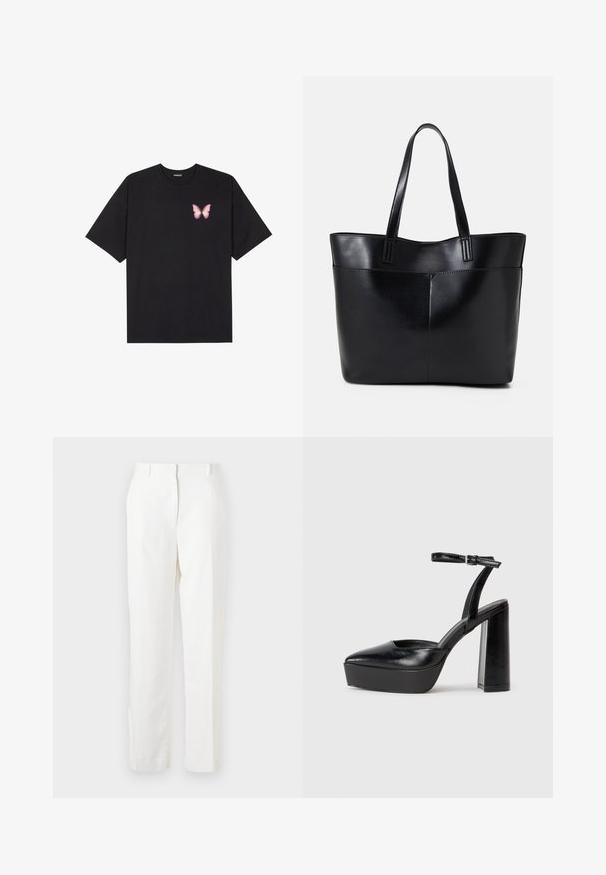 Must muströöpidega must puuvillane T-särk, vasakul rinnal on väike roosa liblikas. Ümar kaelus ja vabalt istuv lõige.; Valged sirged püksid, mis on valmistatud kergest kangast kerge tekstuuriga. Esipooltel on taskud ja üks voldik lisadeks.; Mustad platvormi kontsad terava ninaga ja reguleeritava pahkluuraamiga. Valmistatud siledast nahast, funktsioneerib massiivse plokknäheeliga.; Must mustaga musta nahast, millel on kaks pikka kanda, sile tekstuur ja struktureeritud kuju. Esipoolsel on lisakoti jaoks tasku.