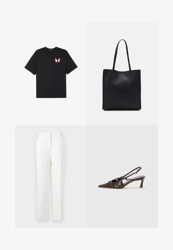 Black cotton t-shirt with short sleeves, featuring a small pink butterfly graphic on the left chest. Crew neck design with a relaxed fit.; White, straight-leg trousers made of lightweight fabric with slight texture. Features front pockets and a single pleat for added detail.; Brown patent leather slingback heel with a pointed toe, adjustable straps, and decorative buckles on the front. 3-inch heel height.; Black leather tote bag with smooth texture, rectangular shape, and two long handles. No visible hardware or embellishments.