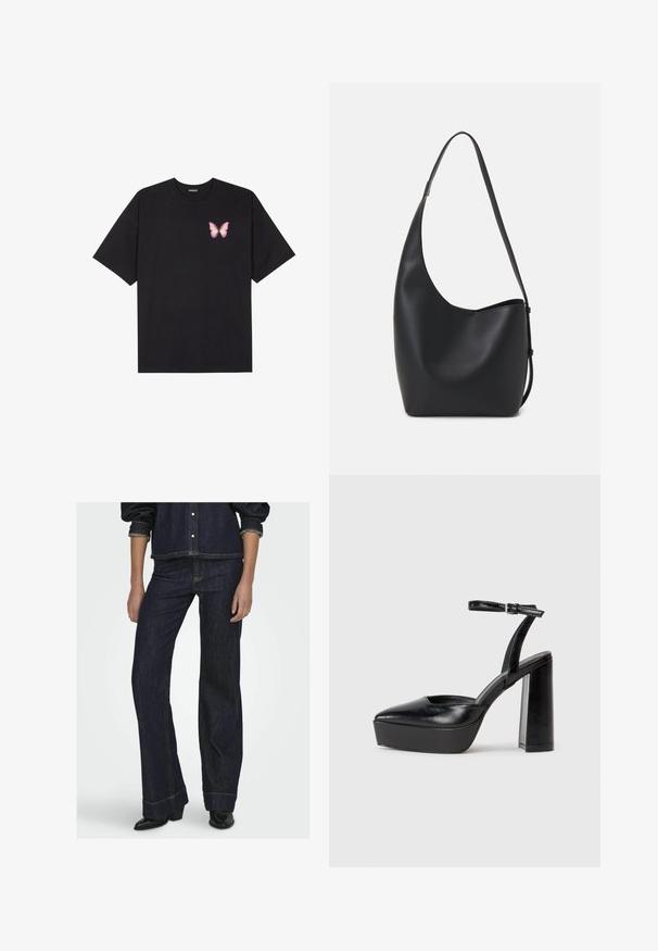 Must muströöpidega must puuvillane T-särk, vasakul rinnal on väike roosa liblikas. Ümar kaelus ja vabalt istuv lõige.; Tumedat denimist flared püksid, millel on kollased õmblused ja kõrge vöökoht. Komplekteeritud vastava tumeda denimist nööpiga särk ja mustad kontsaga saapad.; Mustad platvormi kontsad terava ninaga ja reguleeritava pahkluuraamiga. Valmistatud siledast nahast, funktsioneerib massiivse plokknäheeliga.; Mustast nahast hobo kott, millel on sile tekstuur, kumer kuju ja üks reguleeritav rihm; peal on lai avaus.