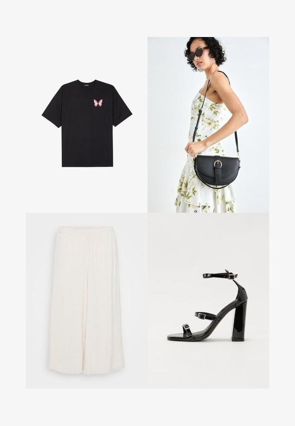 Juodas medvilnės marškinėliai trumpomis rankovėmis, su maža rožine drugelio grafika kairėje krūtinės pusėje. Apvalus kaklo iškirpimas, laisvas kirpimas.; Baltos lino kulotės su elastingu juosmeniu, plačiomis kelnėmis ir tekstūruotu paviršiumi. Drabužis turi laisvą, atsipalaidavusį siluetą, užtikrinantį komfortą.; Juodos patentuotos aukštakulnės basutės su dviem sagtelėmis, kvadratine nosimi ir stambiu blokiniu kulnu, pasižyminčios lygiu, blizgiu paviršiumi.; Juodas odinis krepšys su išlenkta forma, nuimamu dirželiu ir auksiniais detalėmis. Krepšys turi kilpą su sagtimi.